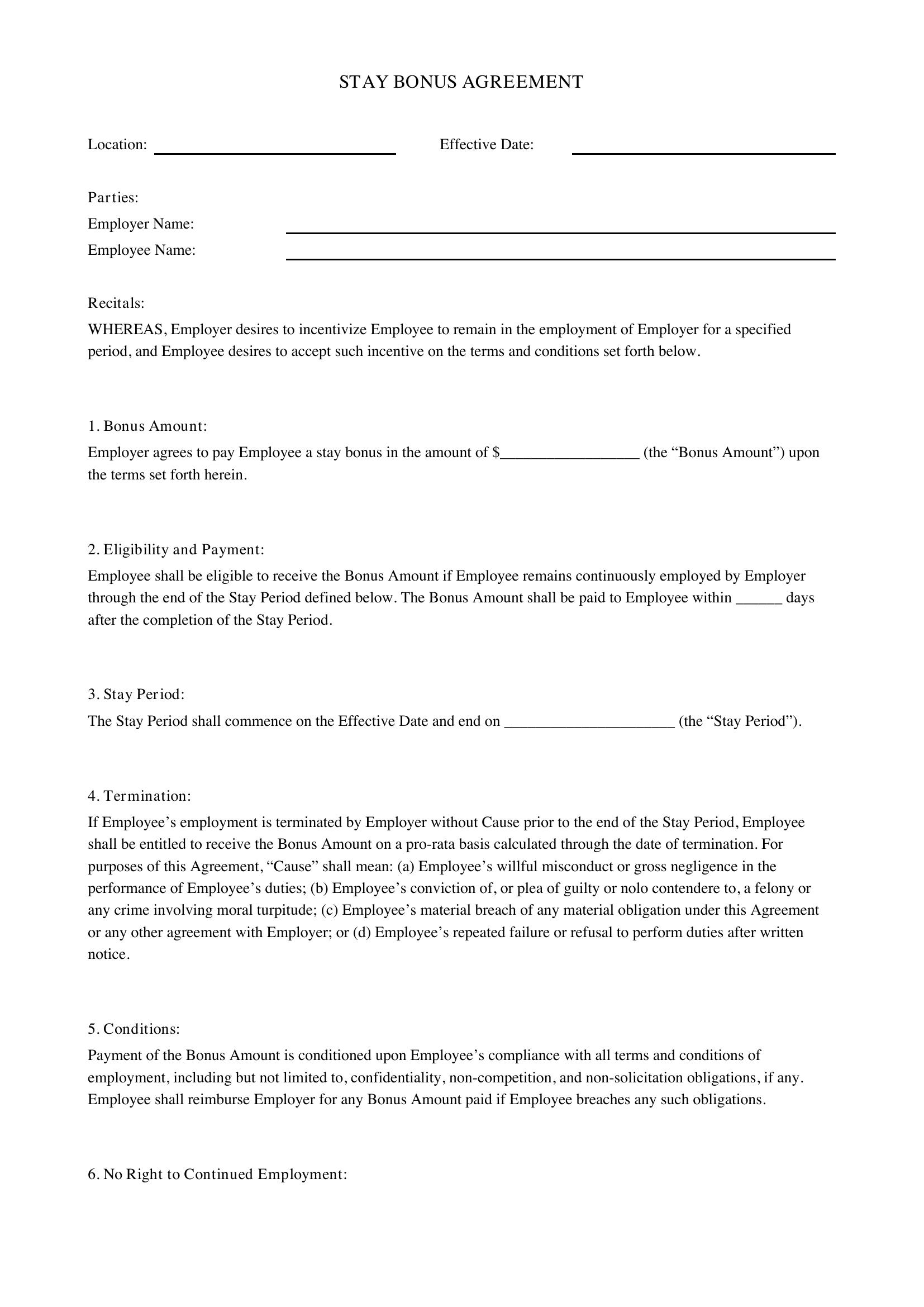 Stay Bonus Agreement Template - US