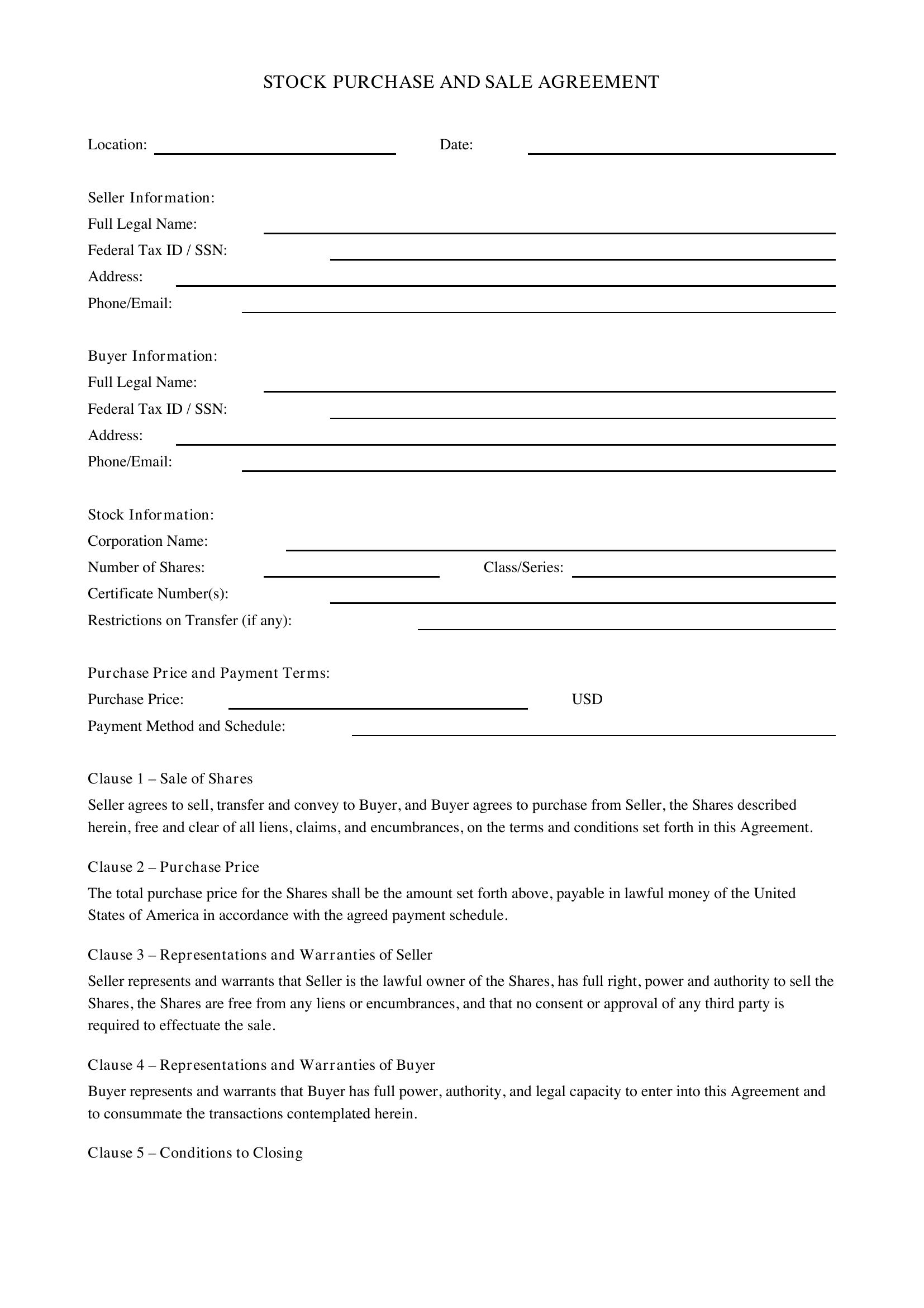 Stock Agreement Template - US
