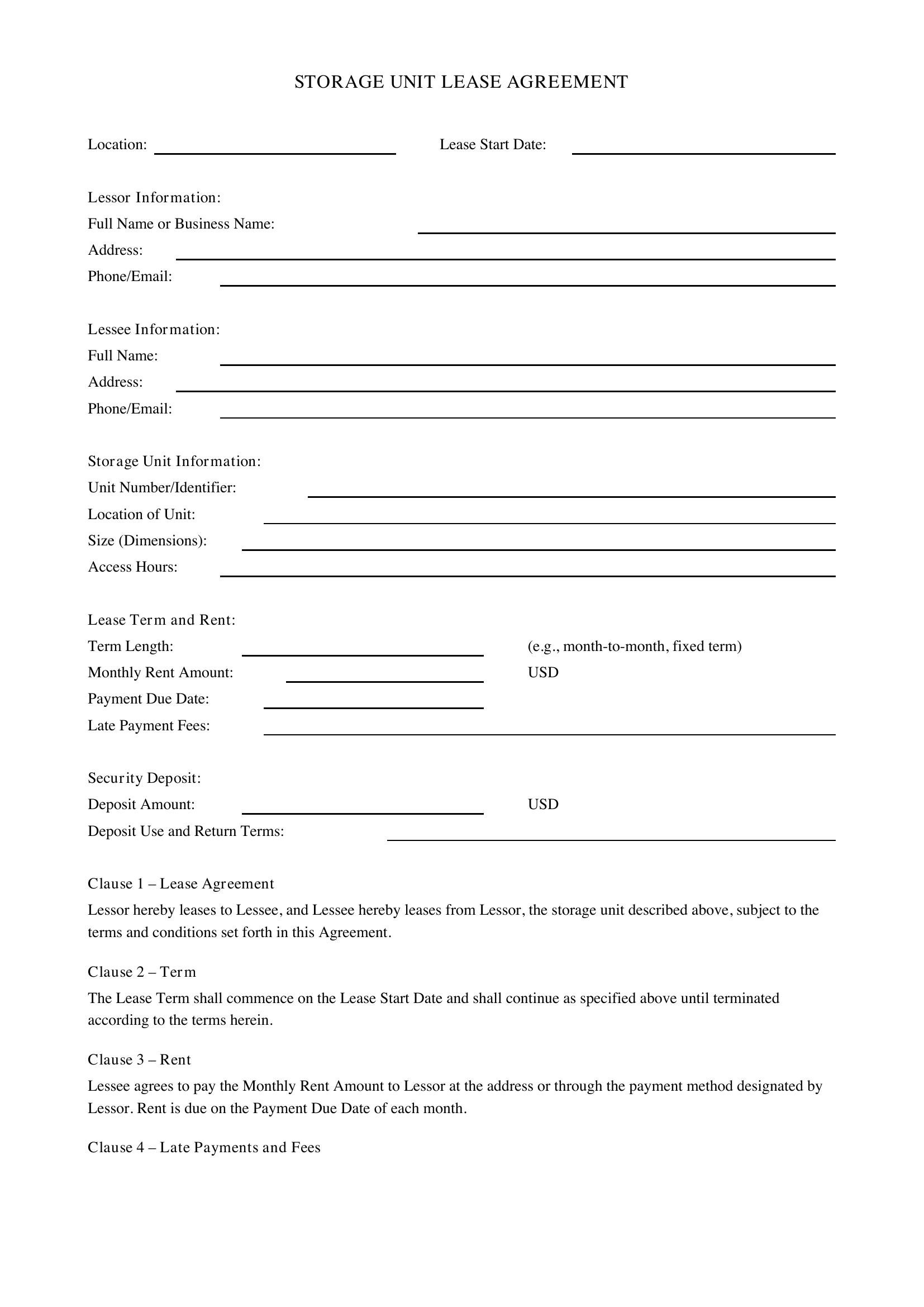 Storage Unit Lease Agreement Template - US