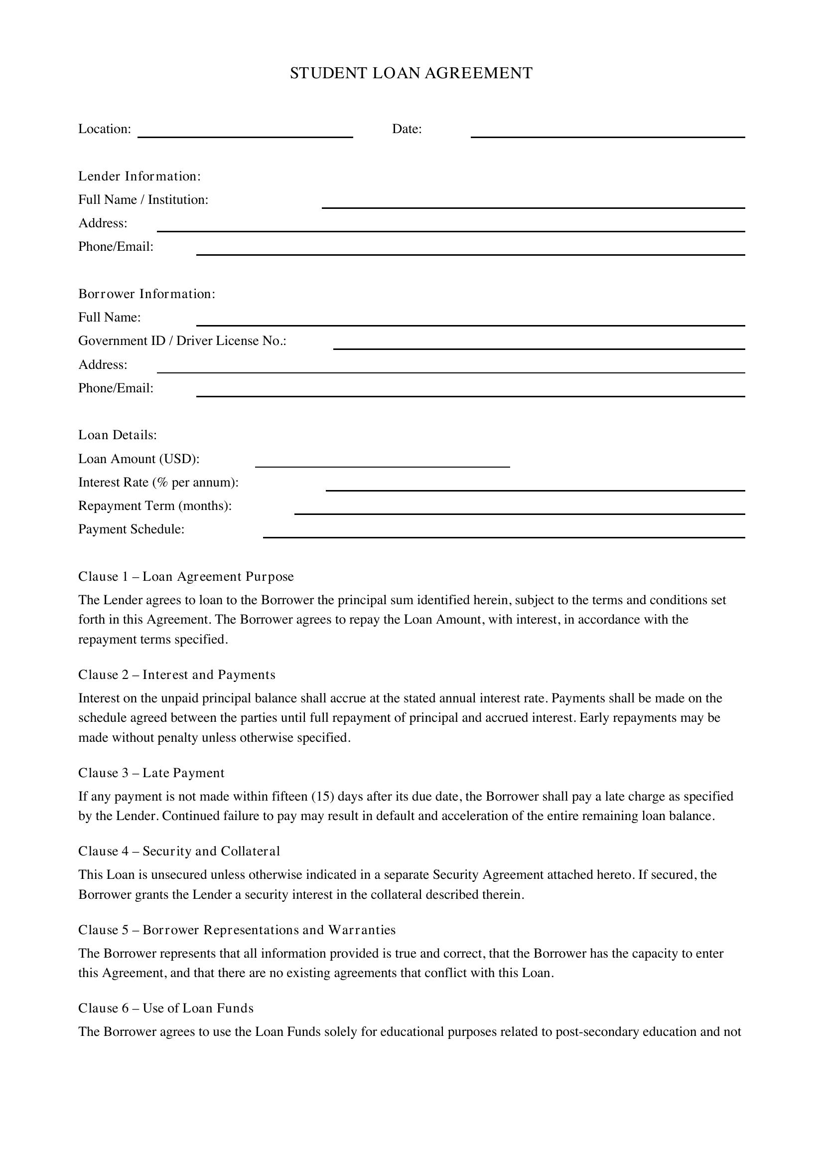 Student Loan Agreement Template - US