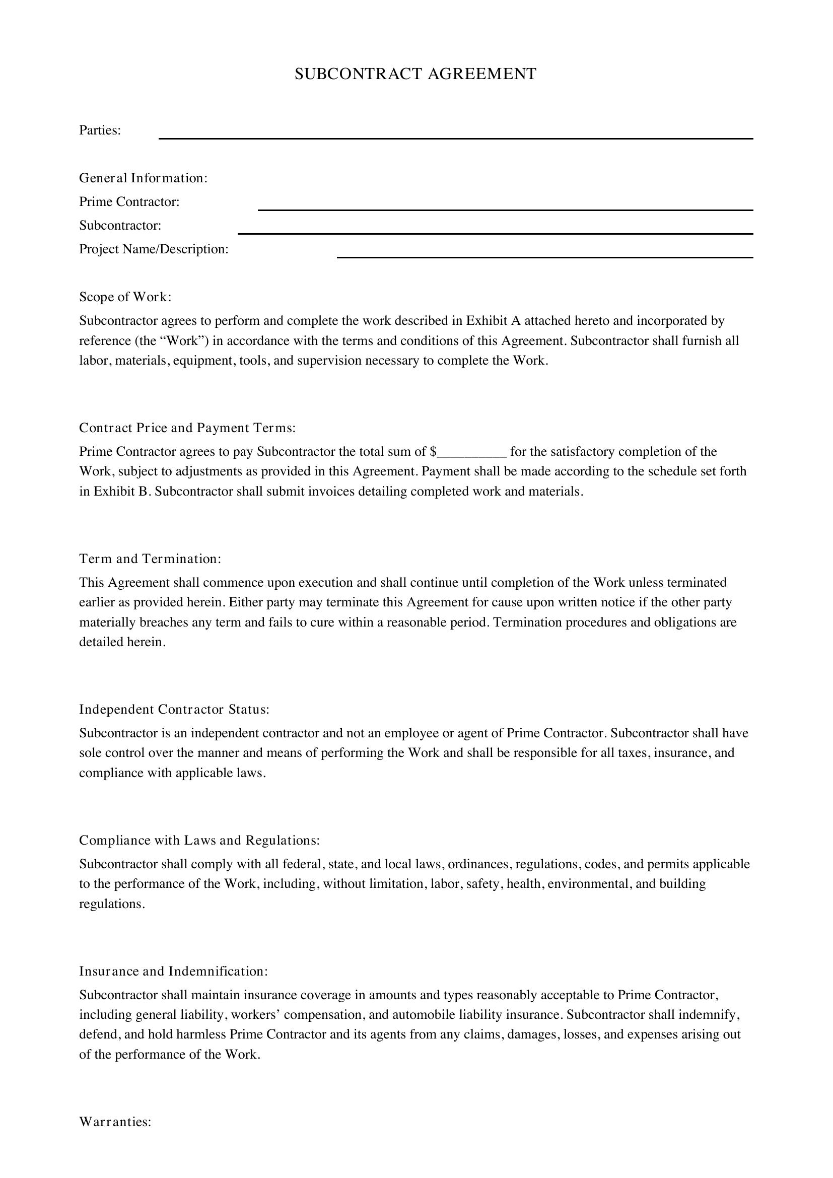 Subcontract Agreement Template - US