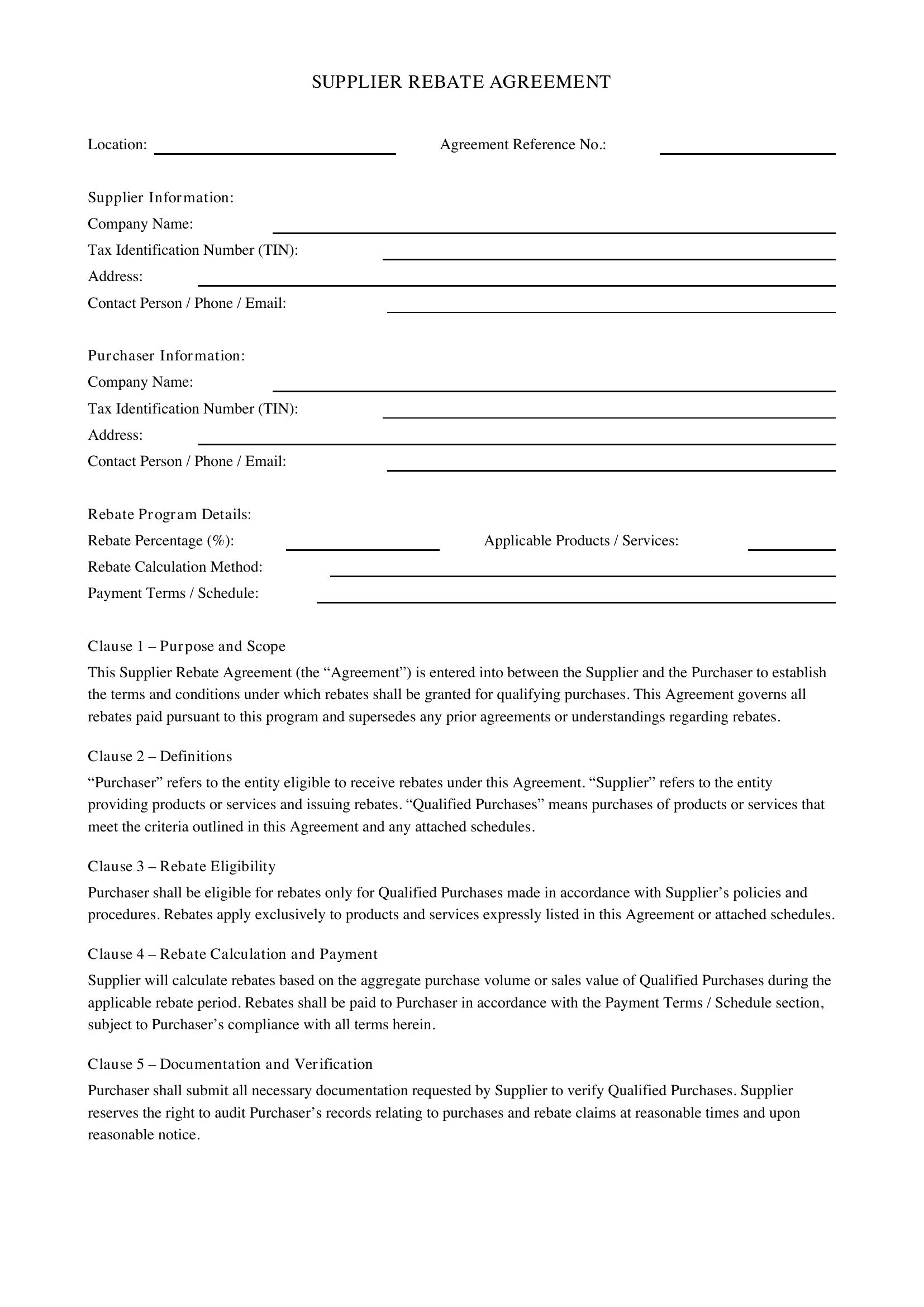 Supplier Rebate Agreement Template - US