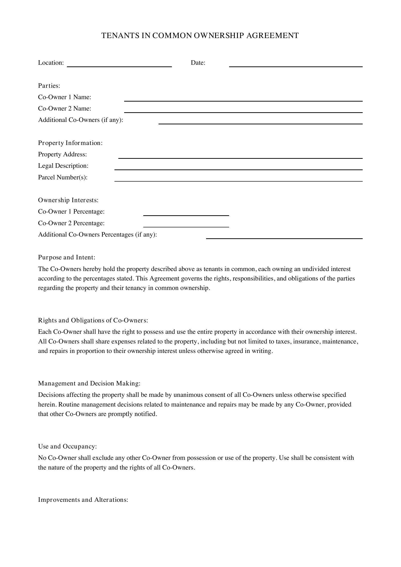 Tenants In Common Agreement Template - US