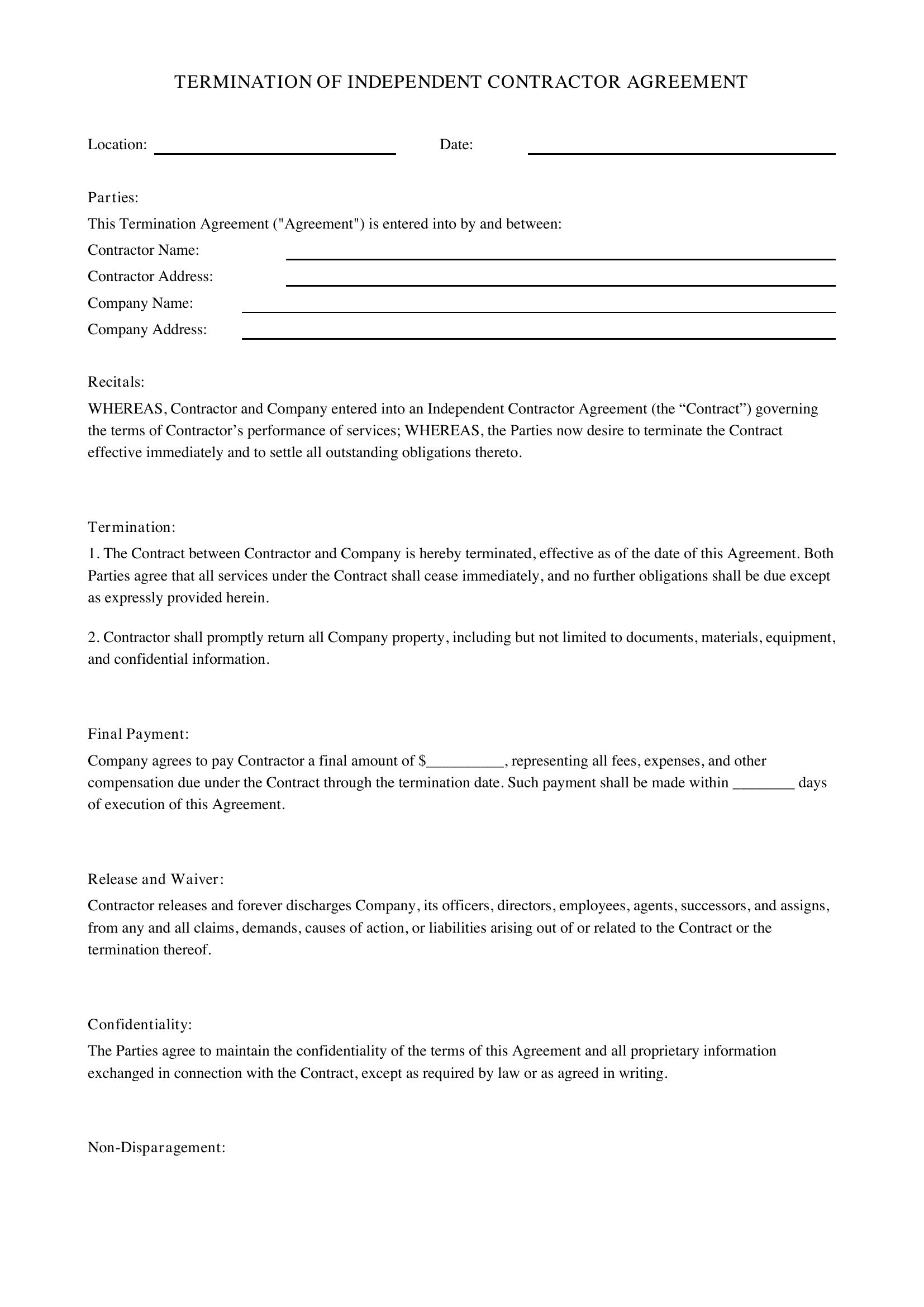 Termination Of Independent Contractor Agreement Template - US