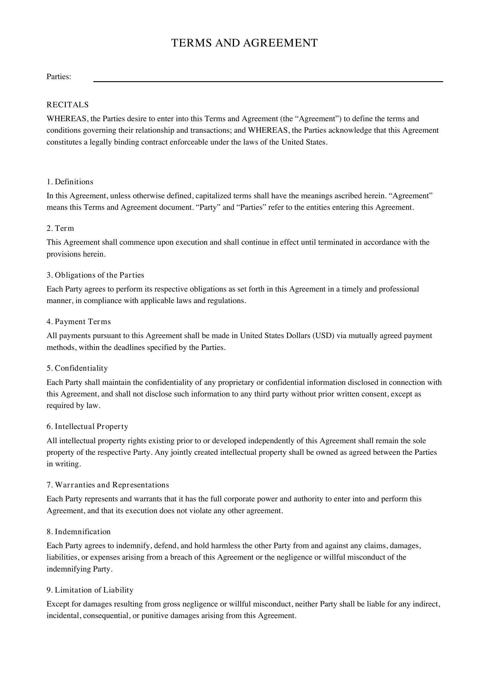 Terms And Agreement Template - US