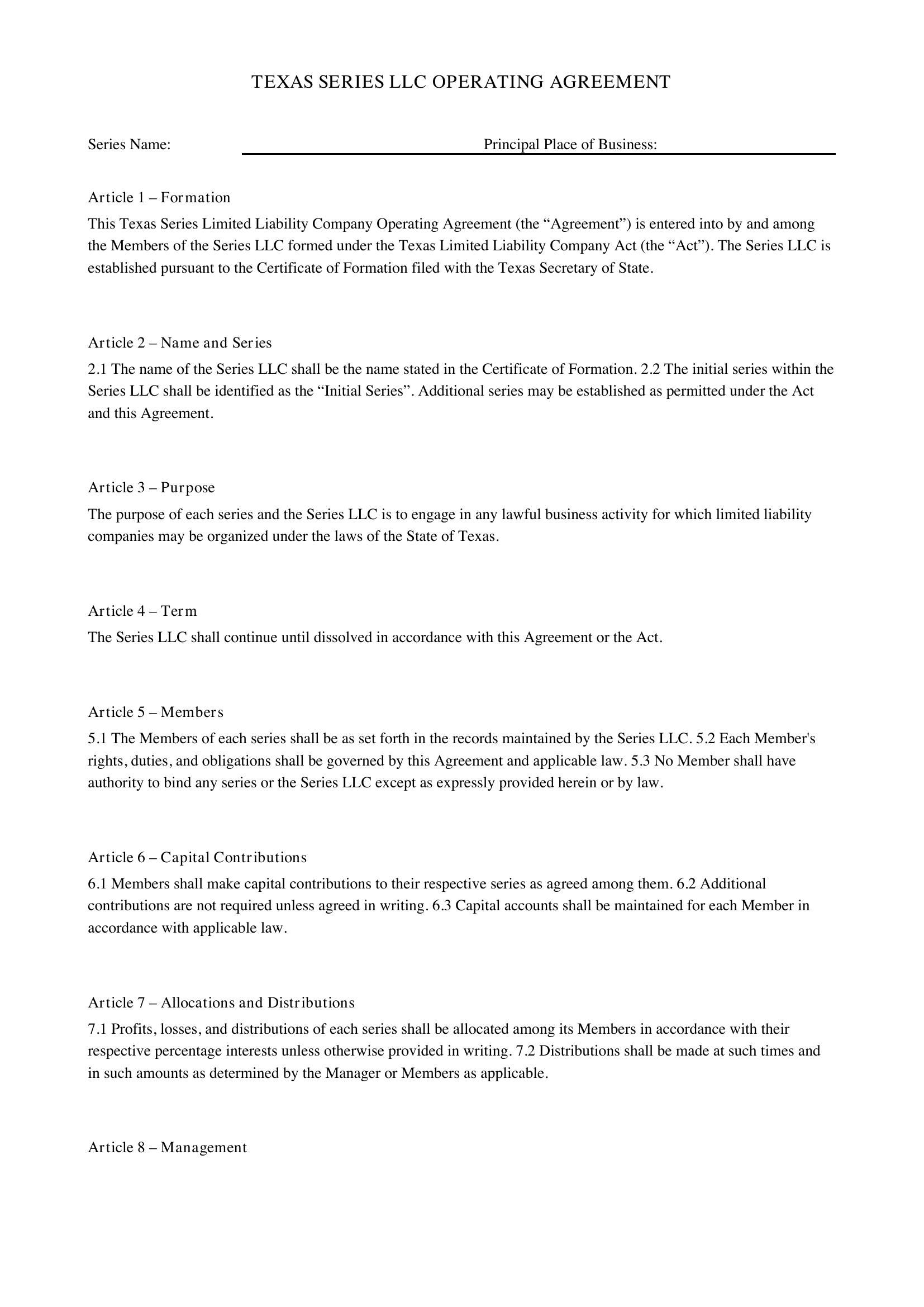 Texas Series Llc Operating Agreement Template - US