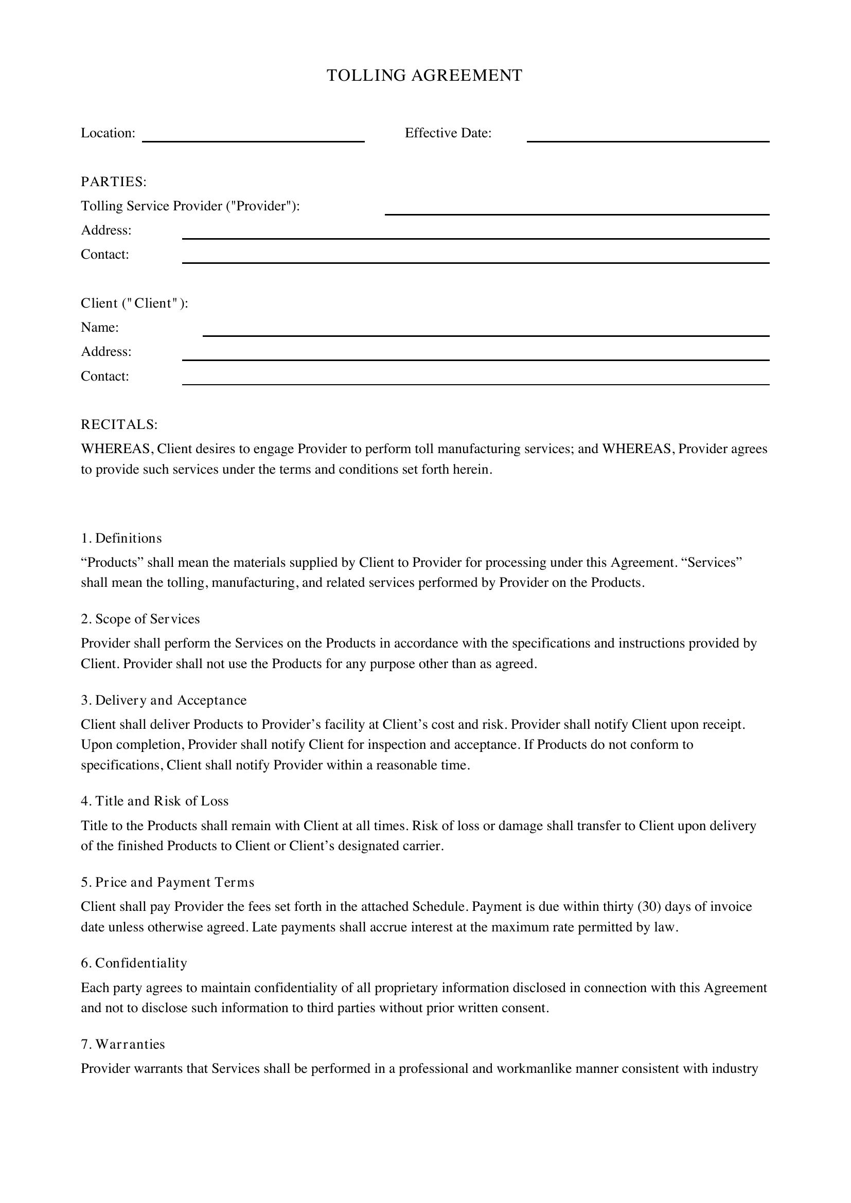 Tolling Agreement Template - US