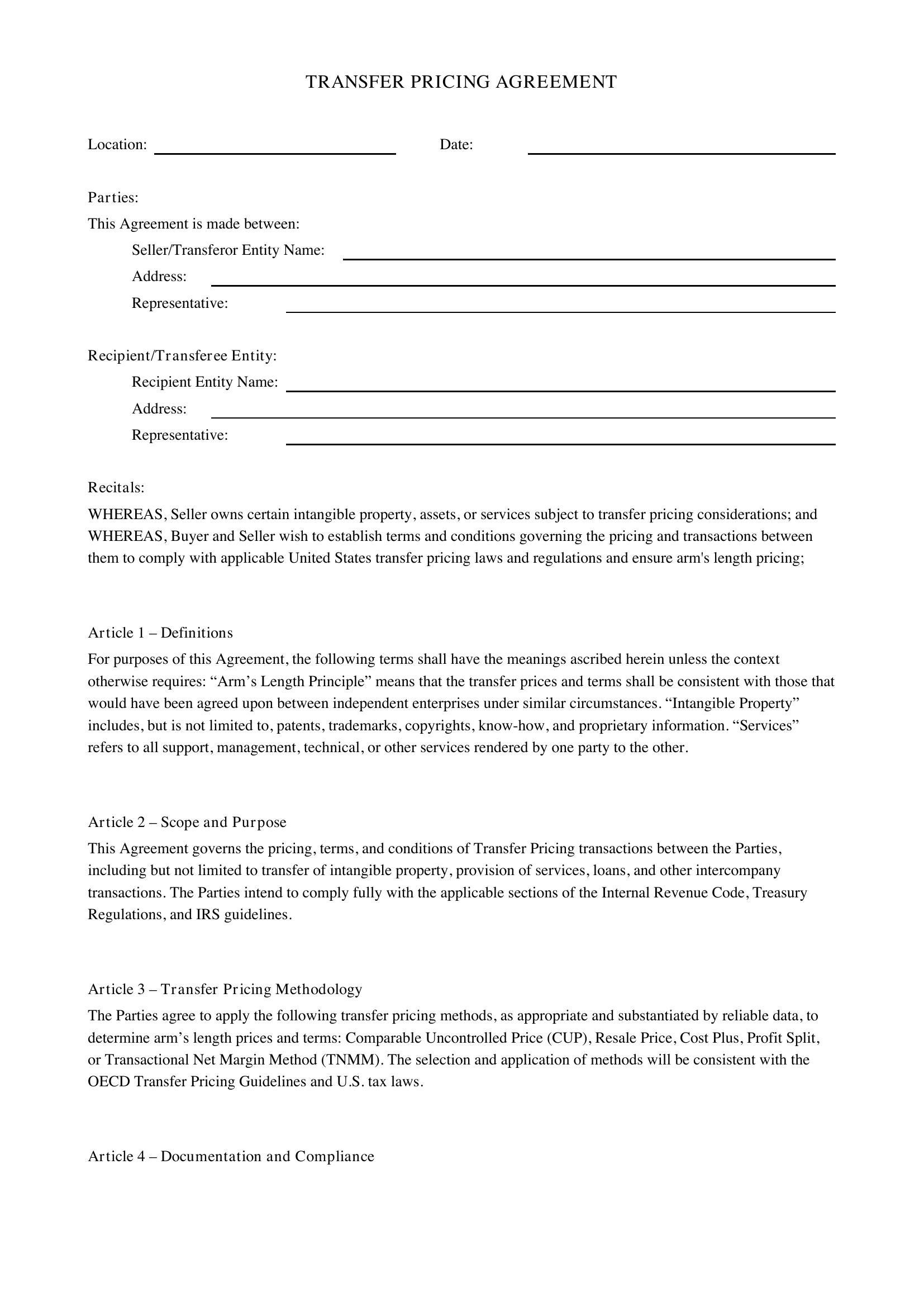 Transfer Pricing Agreement Template - US