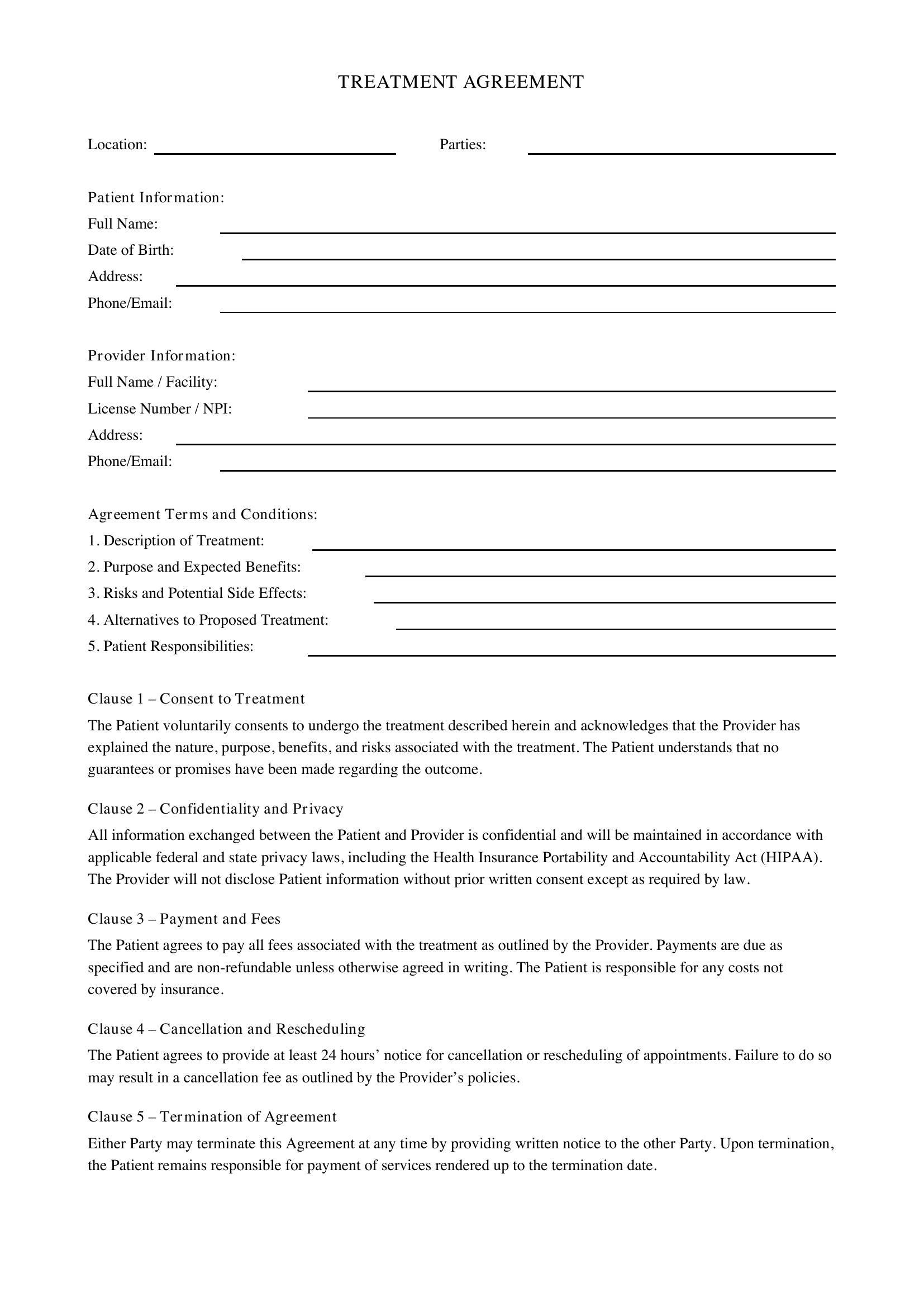 Treatment Agreement Template - US