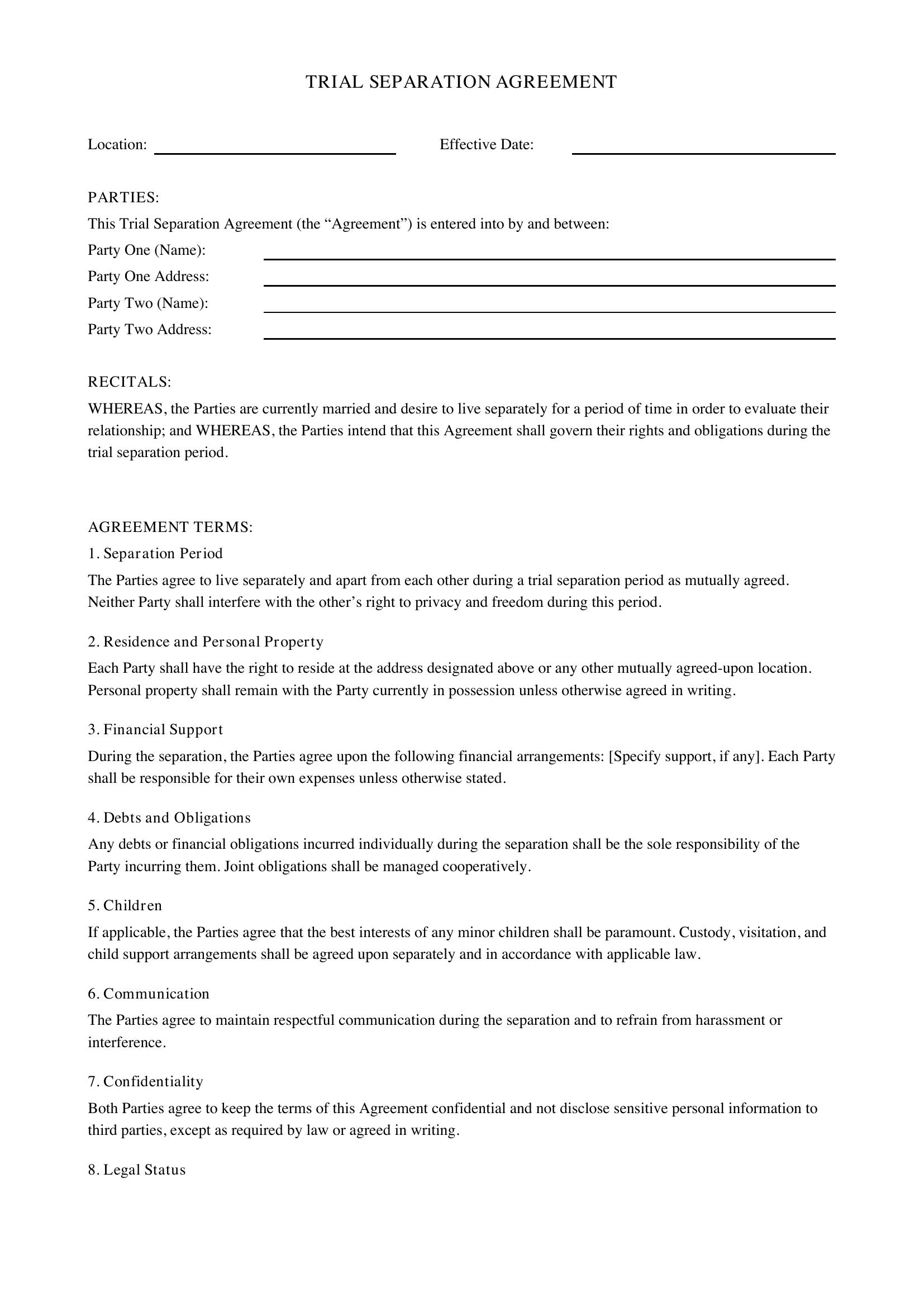 Trial Separation Agreement Template - US