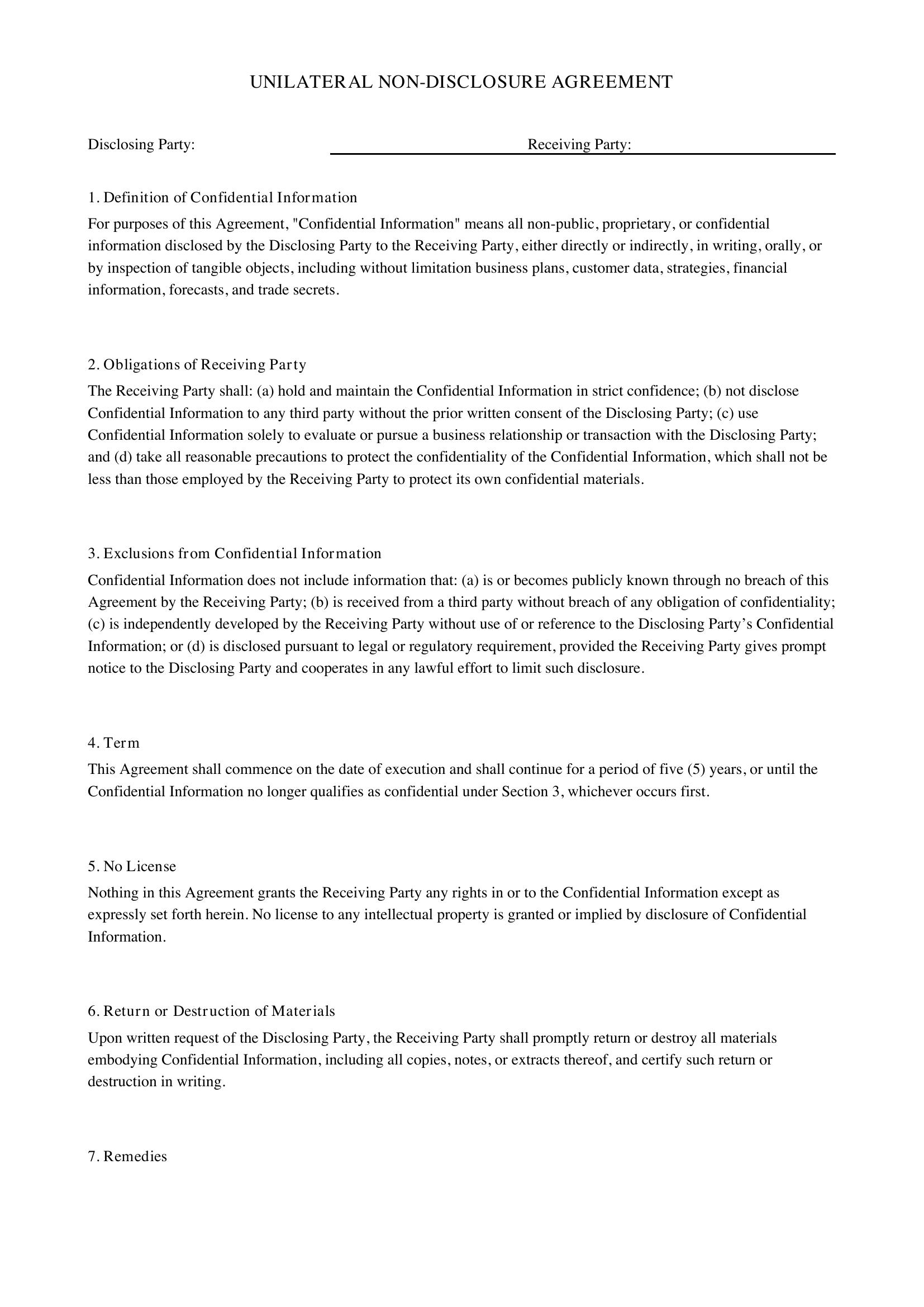 Unilateral Non Disclosure Agreement Template - US