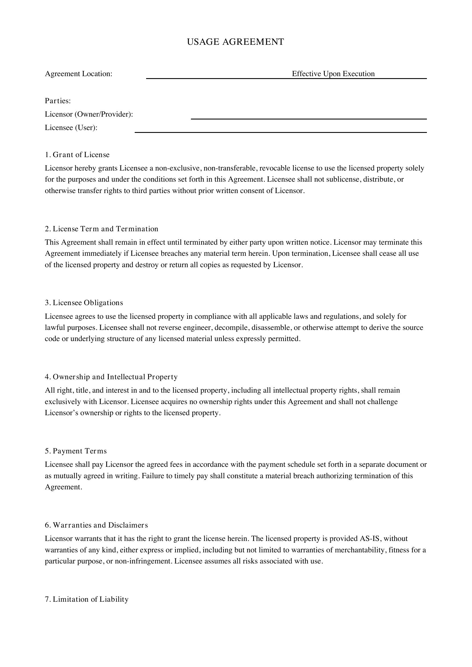 Usage Agreement Template - US