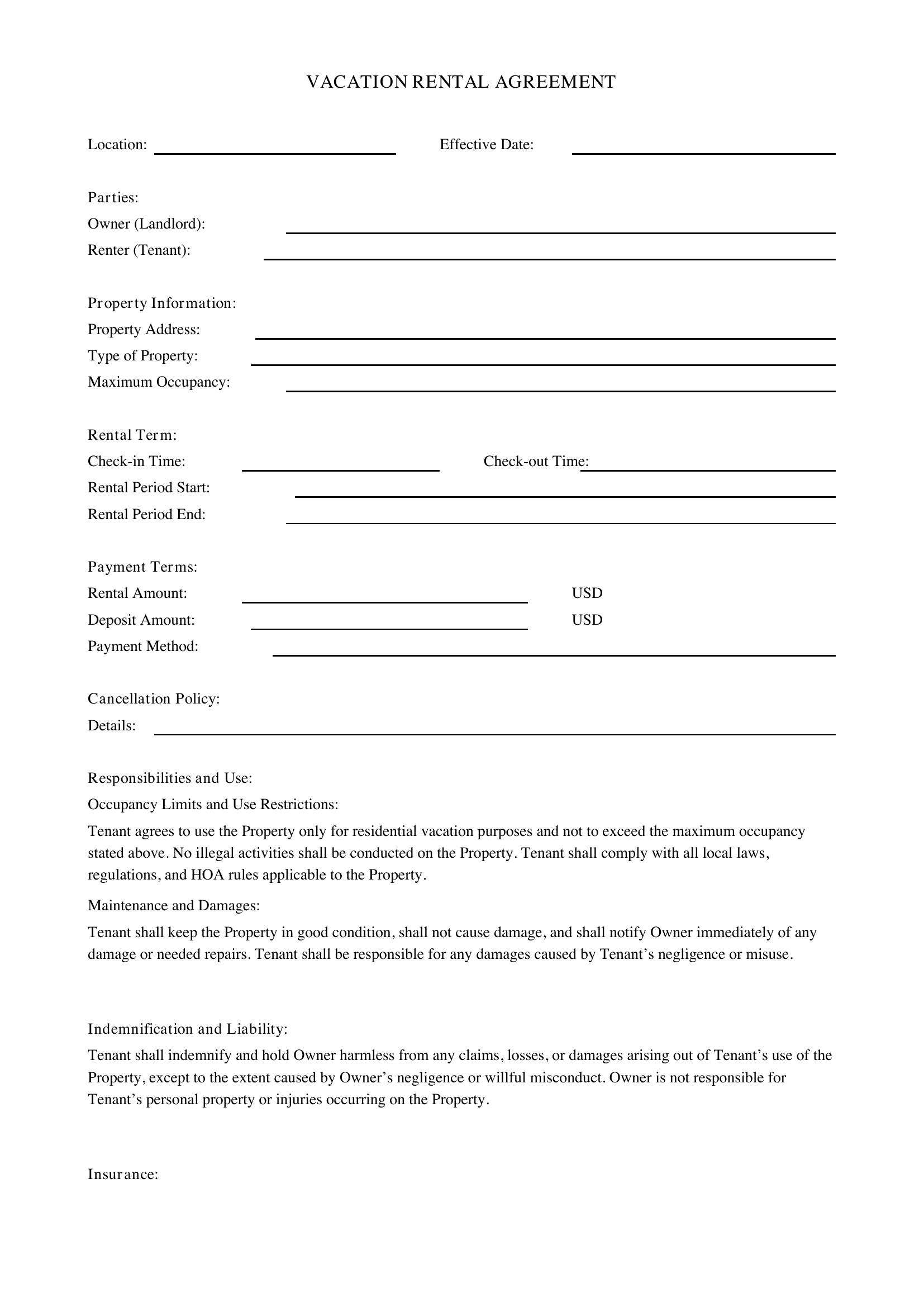 Vacation Rental Agreement Template - US