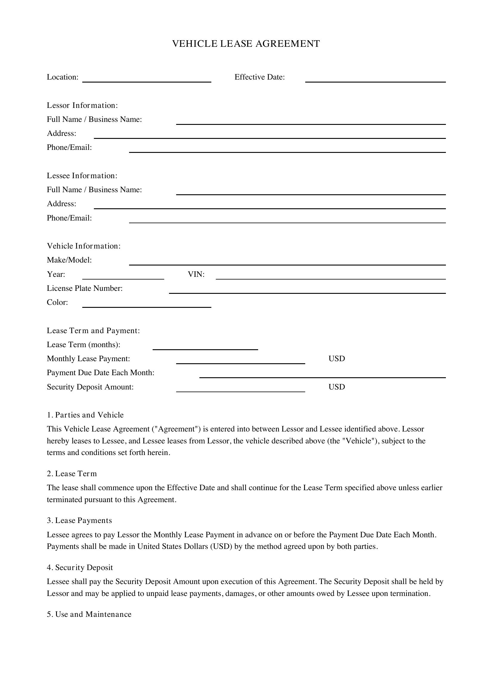 Vehicle Lease Agreement Template - US