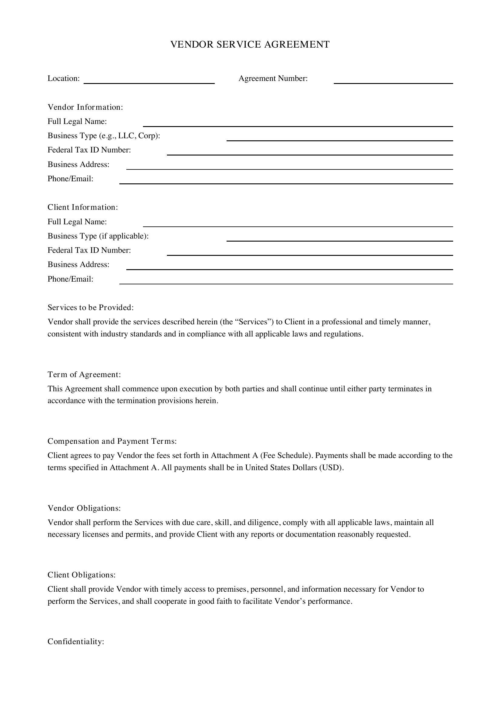 Vendor Service Agreement Template - US
