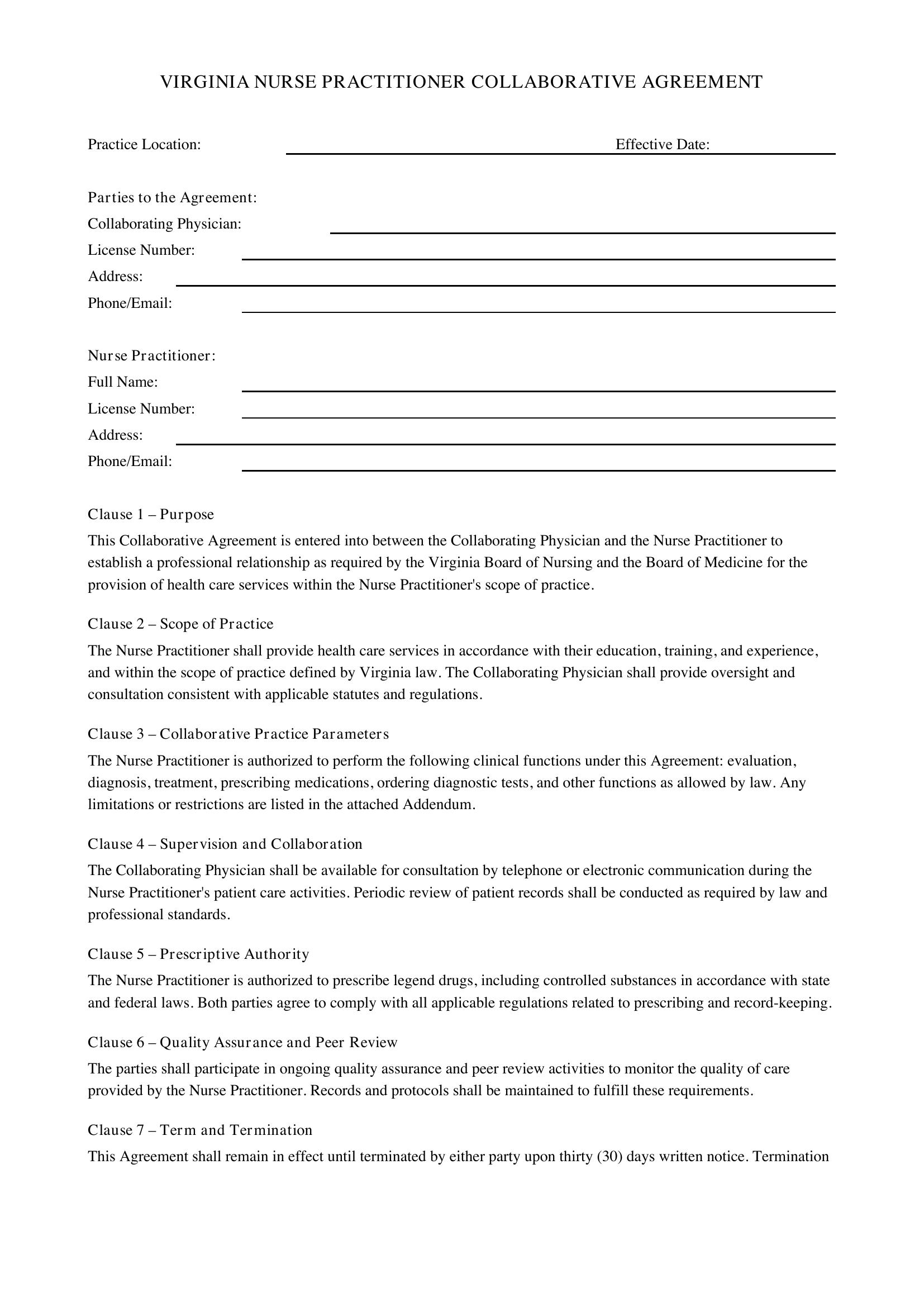 Virginia Nurse Practitioner Collaborative Agreement Template - US