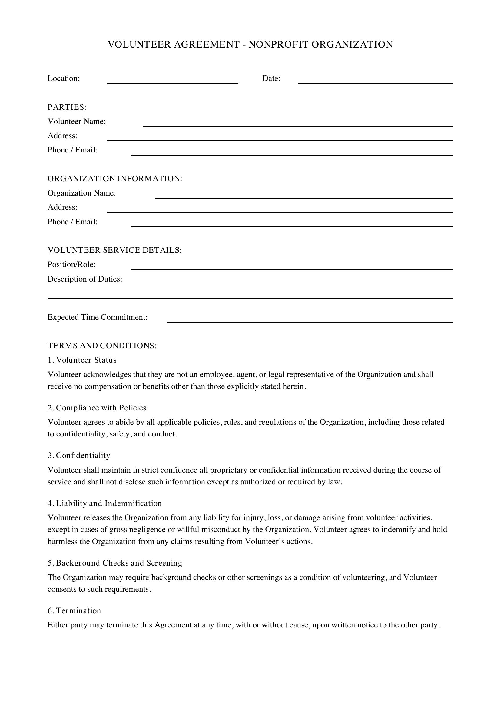 Volunteer Agreement Nonprofit Template - US