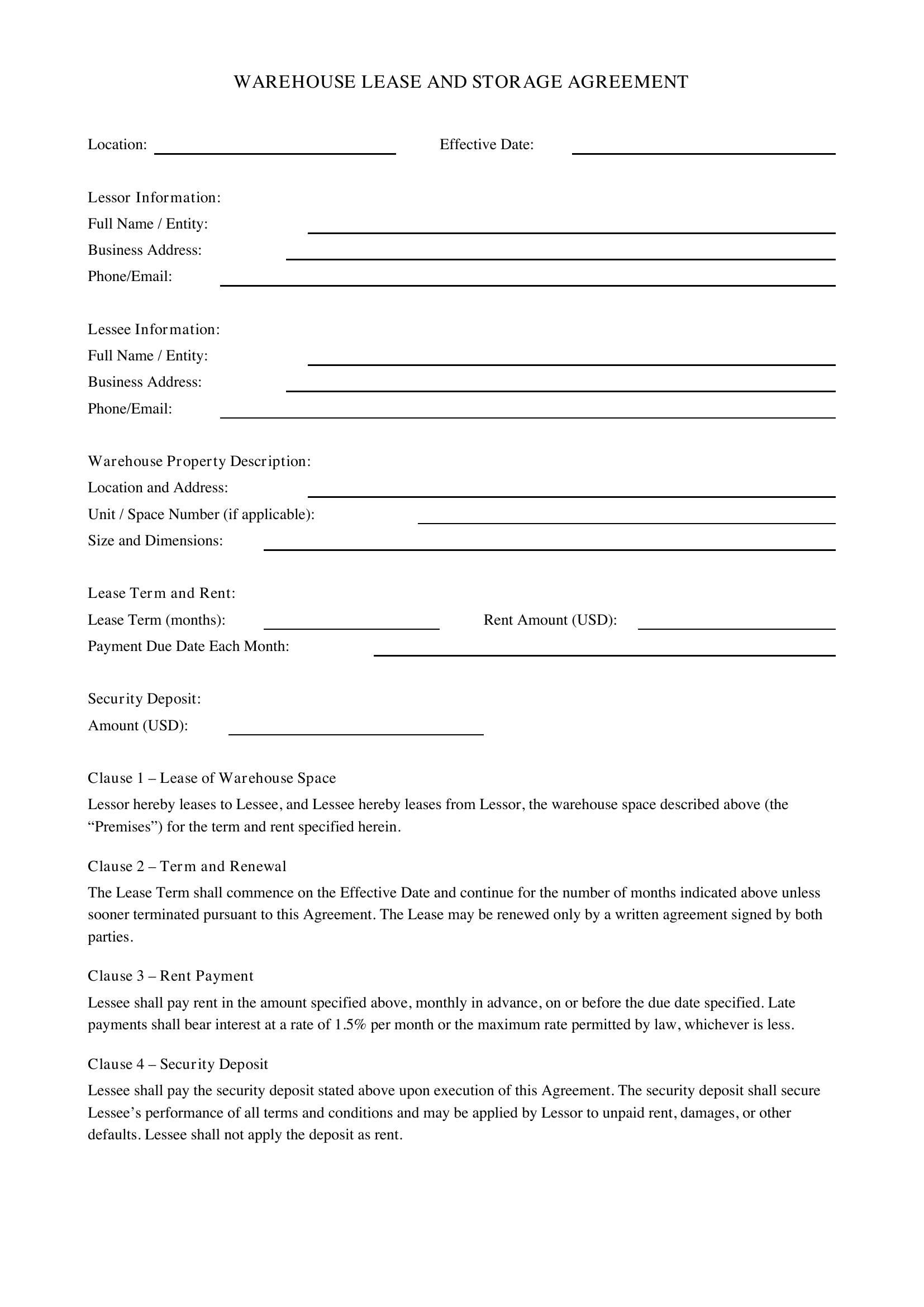 Warehouse Agreement Template - US
